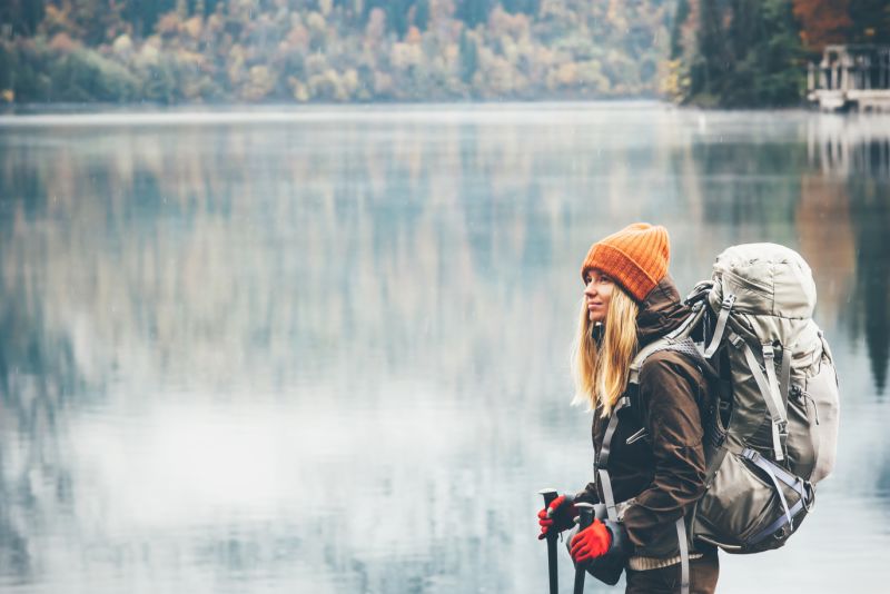 Female hiker in winter gear with a large backpack on standing by a lake