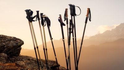 Bunch of trekking poles mounted in ground with snowy peak in background
