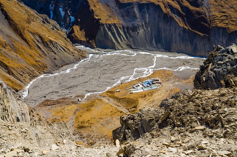 Aerial view of village of Thurung Phedi on Annapurna Circuit, Nepal trek