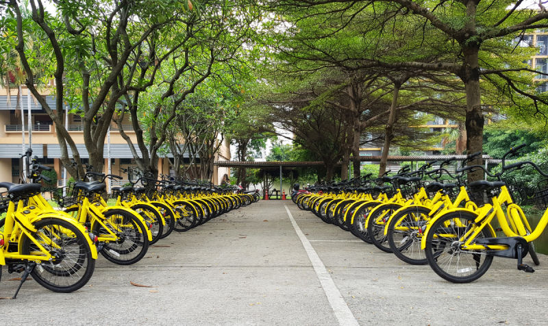 Bike-sharing programme city bicycles in a row
