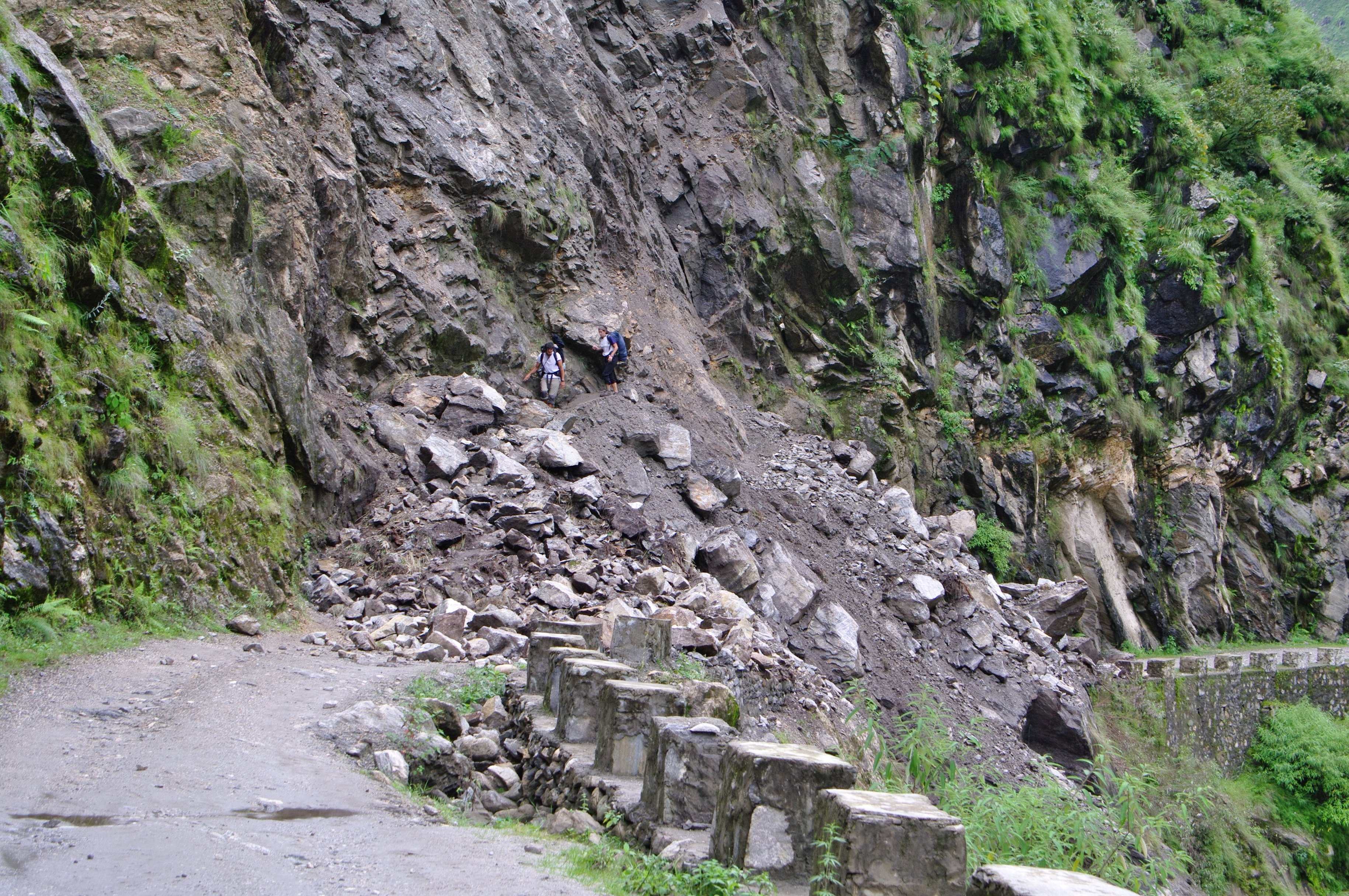 A Landslide interrupt the road in Kali Gandaki valley in Nepal
