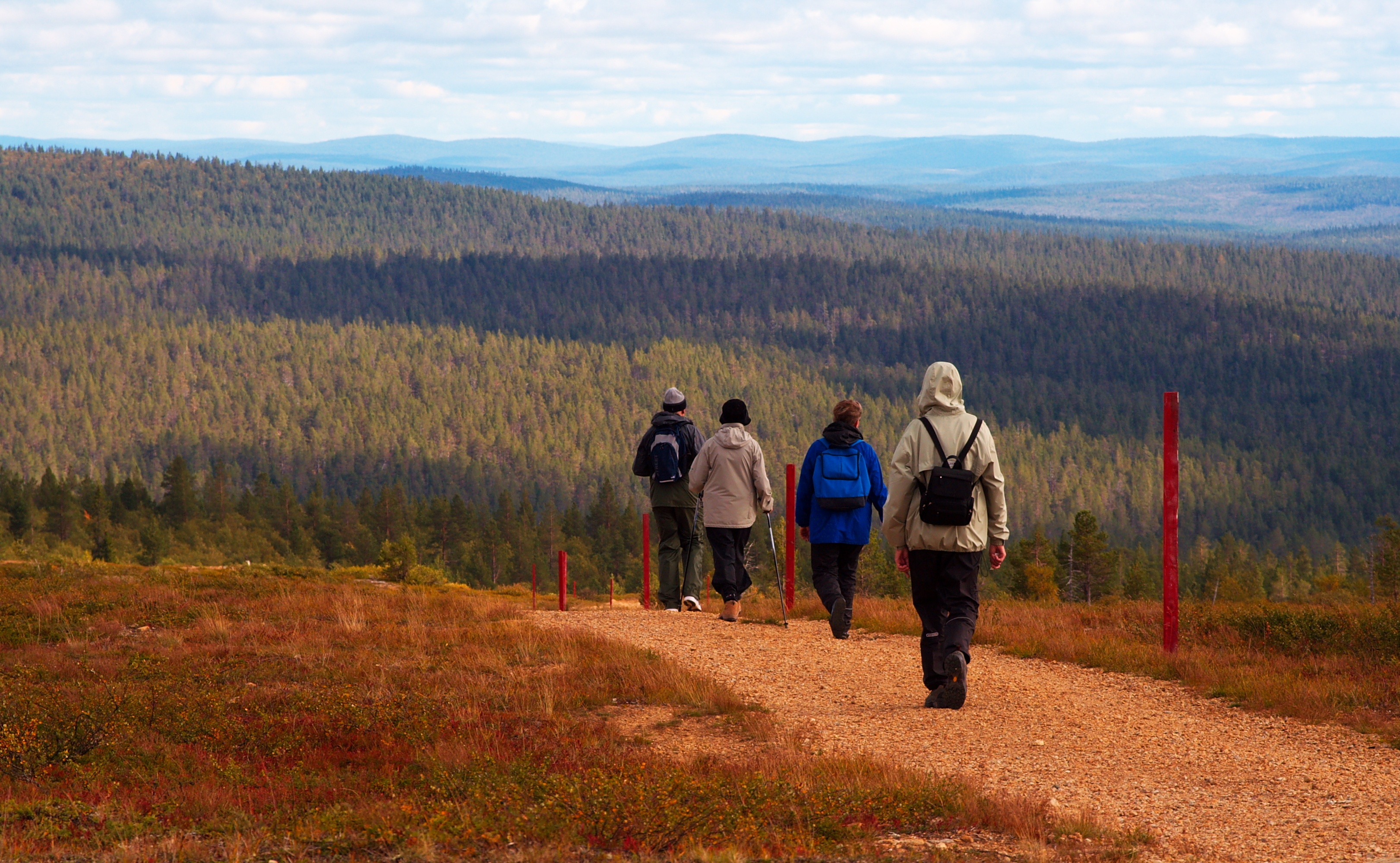 A group of hikers walking in the scenic landscape