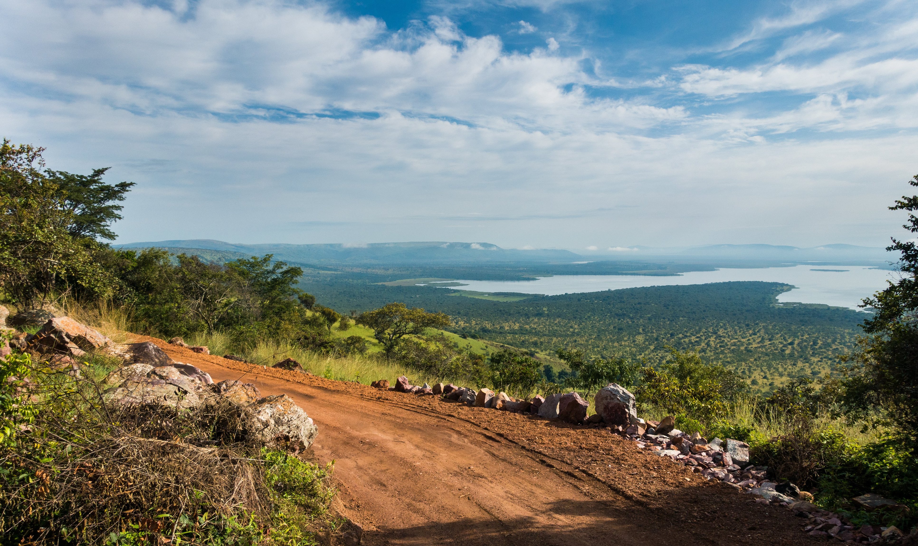 Landscape with road in the Akagera National Park, Rwanda, Africa