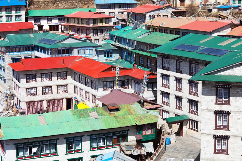 Highrise buildings and street in town of Namche Bazaar in Sagarmatha National Park, Himalaya