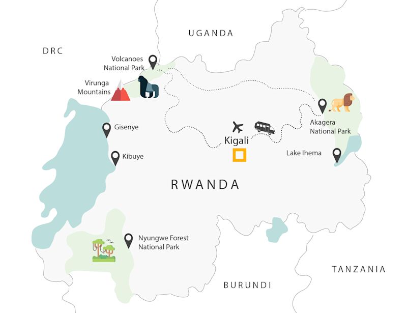 Rwanda map with itinerary Kigali, Akagera and Volcanoes