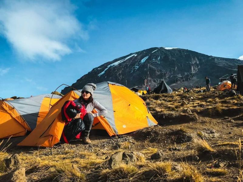 Michaela and tent Kilimanjaro