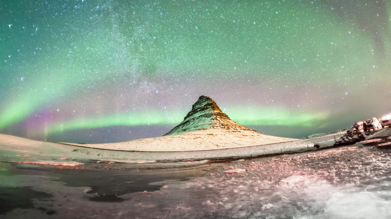 Kirkjufell which is a high mountain on the north coast of Iceland's Snaefellsnes peninsula, near the town of Grundarfjordur