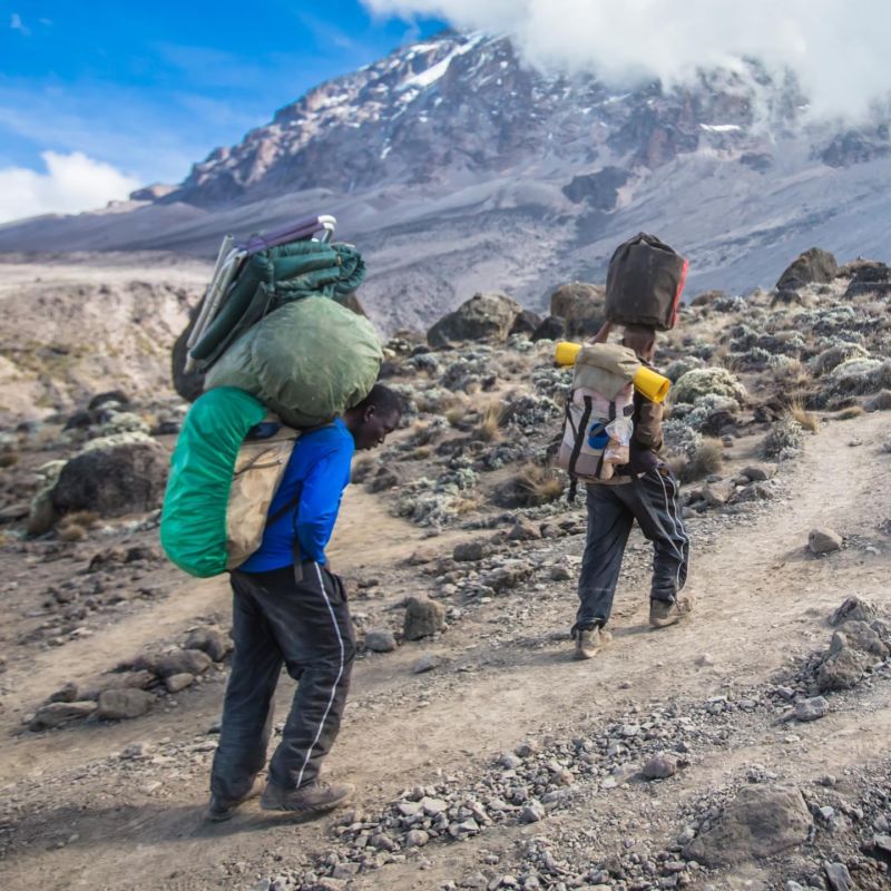 Two porters laden with goods climb up through the alpine desert band of Kilimanjaro
