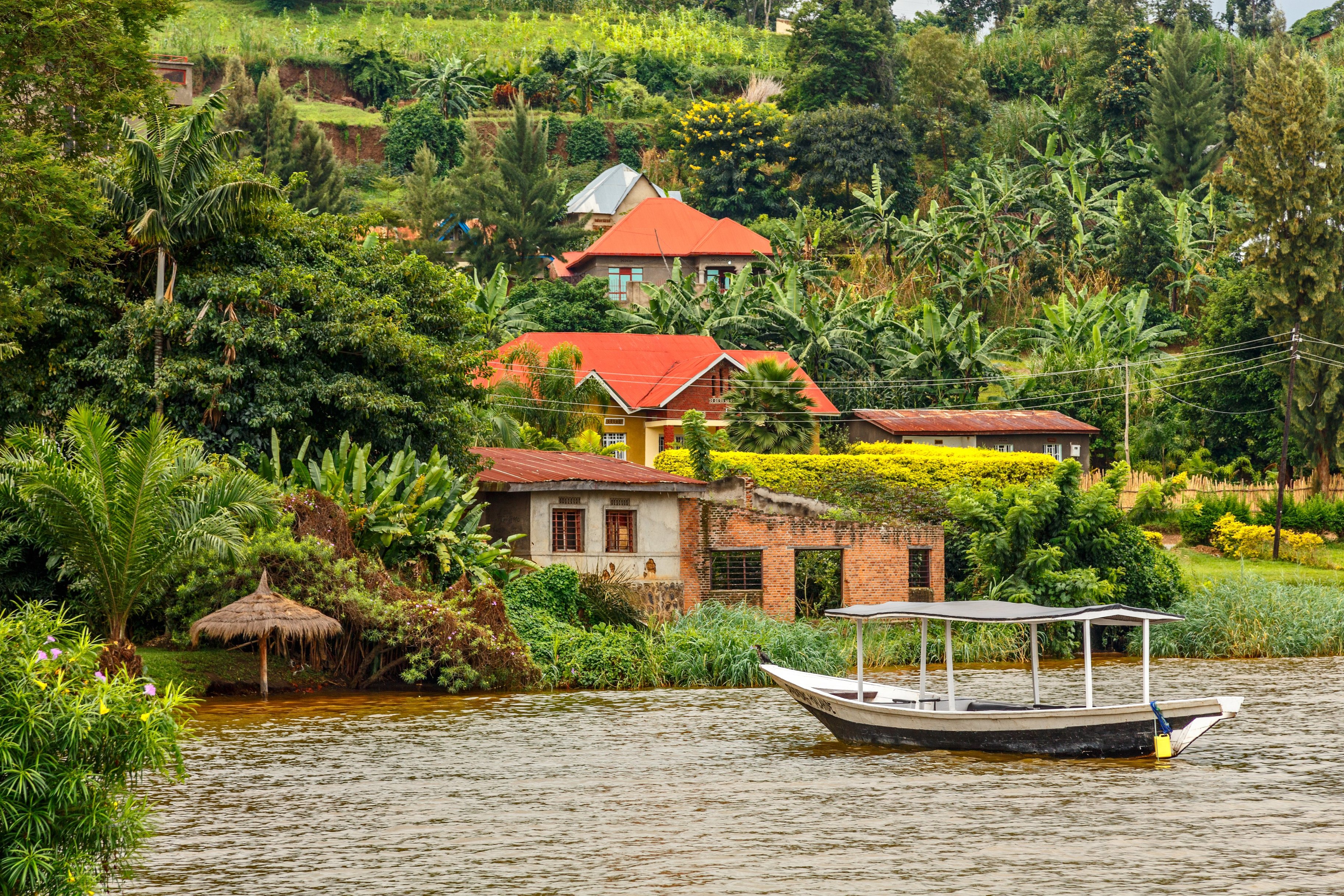 Village and boat on Lake Kivu, Rwanda