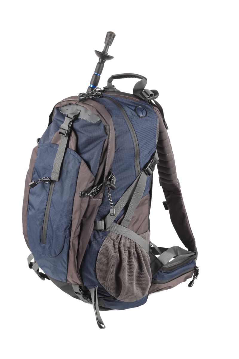 Isolated backpack showing straps, zips and pockets