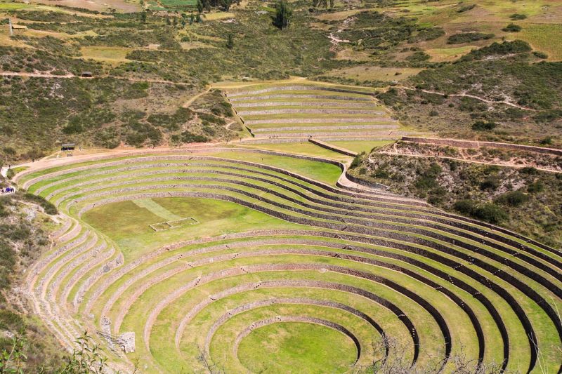 Aerial view of Moray's concentric Inca terraces in Sacred Valley, Peru