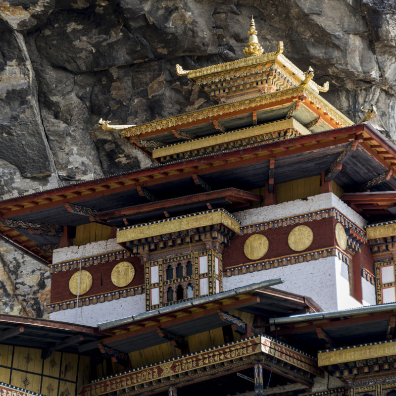 Low angle view of part of Taktsang Monastery building, Paro, Bhutan