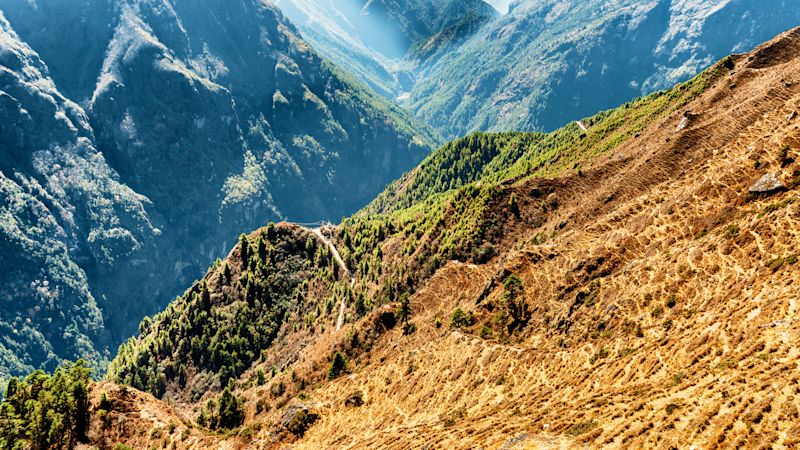Panoramic view at the valleys on the hike from Namche Bazaar to Everest View Hotel on Everest Base Camp trek in Nepal
