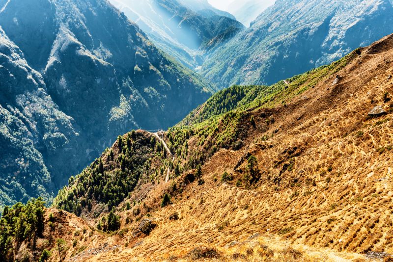 Panoramic view at the valleys on the hike from Namche Bazaar to Everest View Hotel on Everest Base Camp trek in Nepal