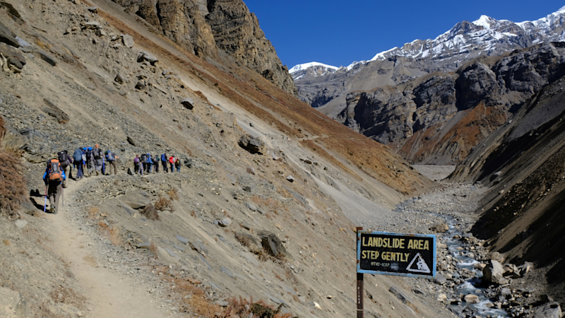 Trekkers on path between Yak Kharka and Thorung Phedi, Annapurna trek