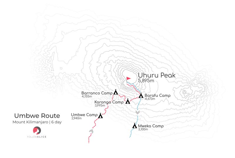 Map of the 6-day Umbwe route on Kilimanjaro