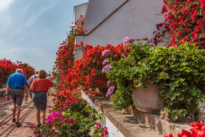 Entrance to Larco Museum with bougainvilleas and people walking up ramp 