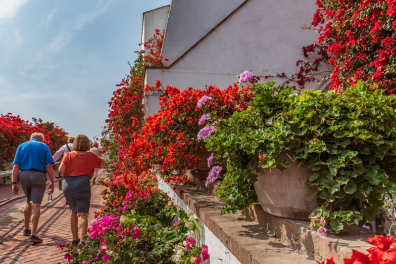 Entrance to Larco Museum with bougainvilleas and people walking up ramp 
