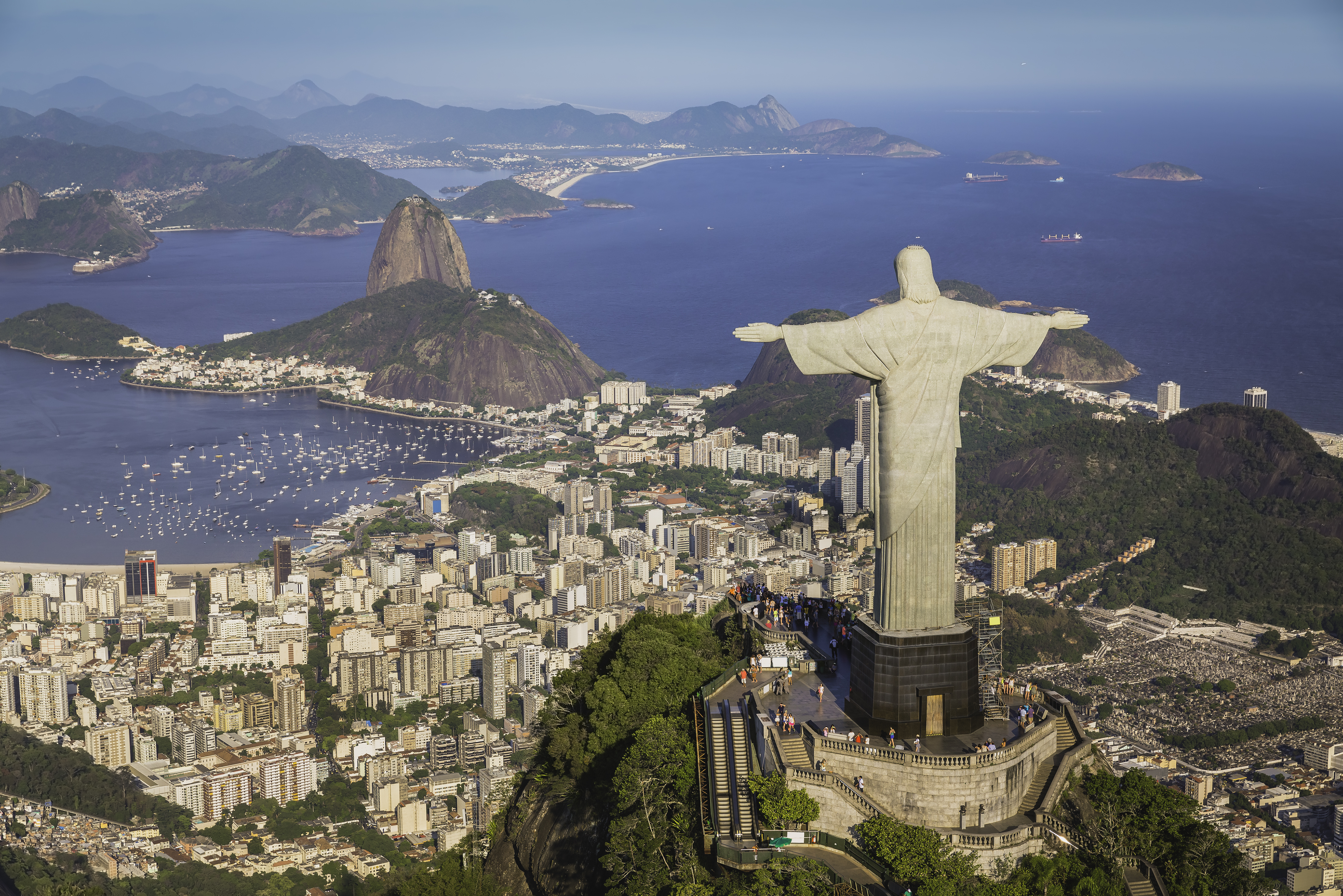 Aerial view of Christ the Redeemer and Botafogo Bay.