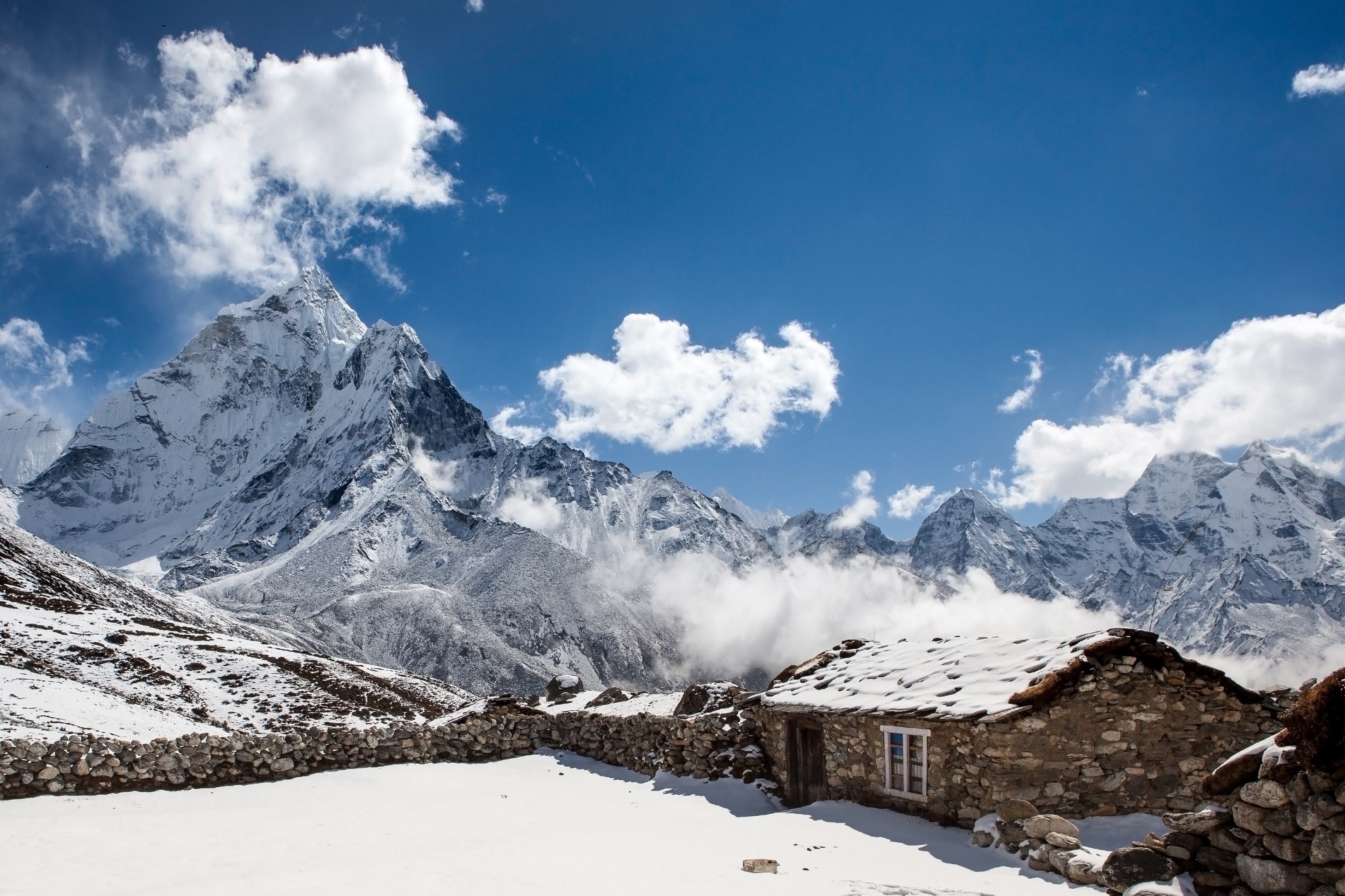 Pur. Chhukung village and Ama Dablam in snow, EBC trek, Nepal