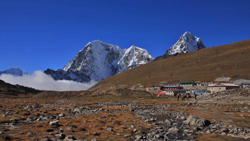 Hotels in Lobuche and high mountains. Scene on the way to the Everest base camp, Nepal.