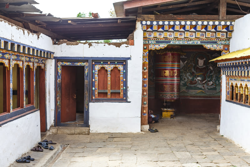 The ornate facade of Chimi Lhakhang monastery, Fertility Monastery in Punakha, Bhutan