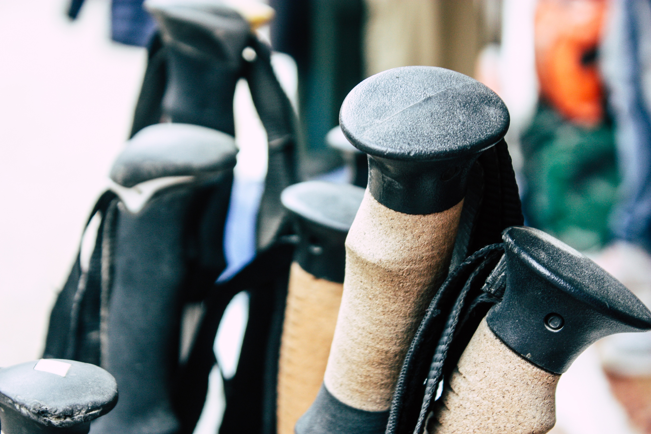 Close up of trekking pole handles seen in shop in Kathmandu, Nepal