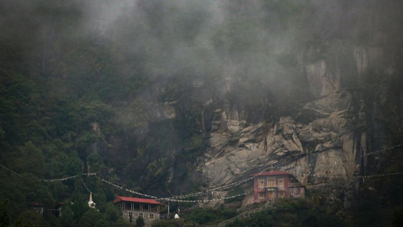 Misty view along trail of Everest Base Camp trek from Lukla to Phakding and Namche Bazaar, Nepal