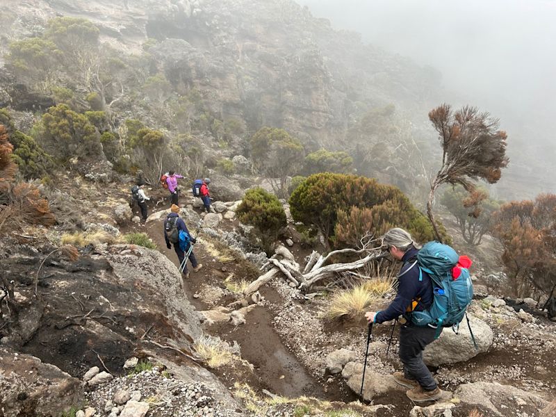 Lemosho route trekkers er route to Karanga Camp on Kilimanjaro 