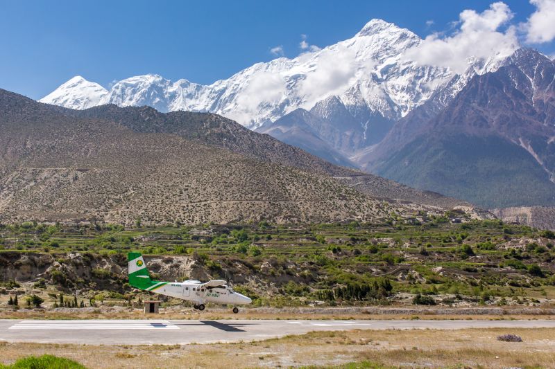 Jomsom Airport and small airplane/ light aircraft landing, Nepal