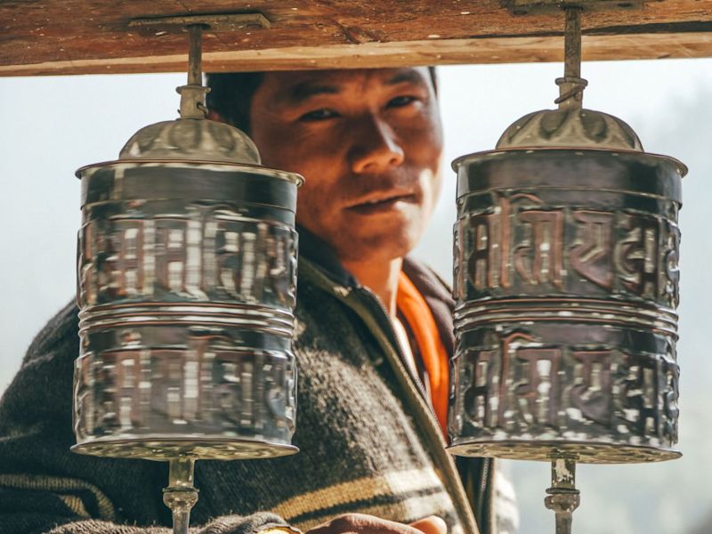 Tibetan Buddhist prayer wheels Upper Pisang Annapurna Circuit trek