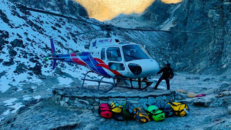 Ours. Helicopter and bags EBC trek Nepal