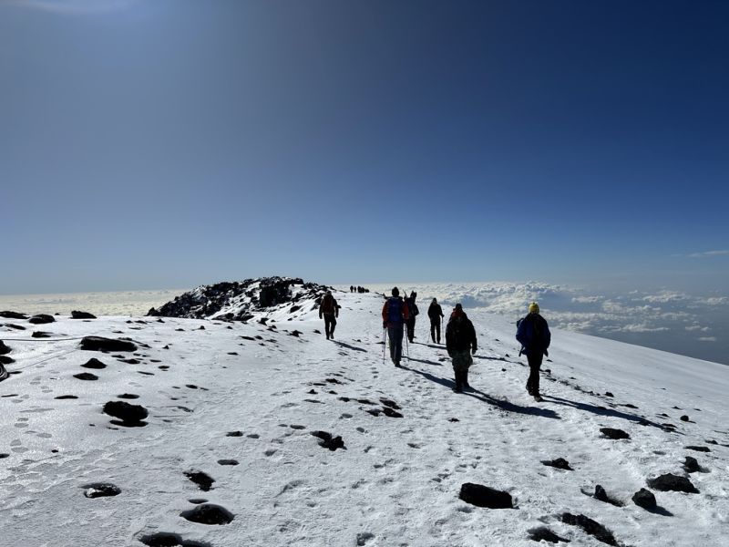 Snowy summit of Kilimanjaro and trekkers