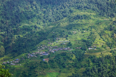 Mountain village at base camp path of Annapurna Massif, Nepal