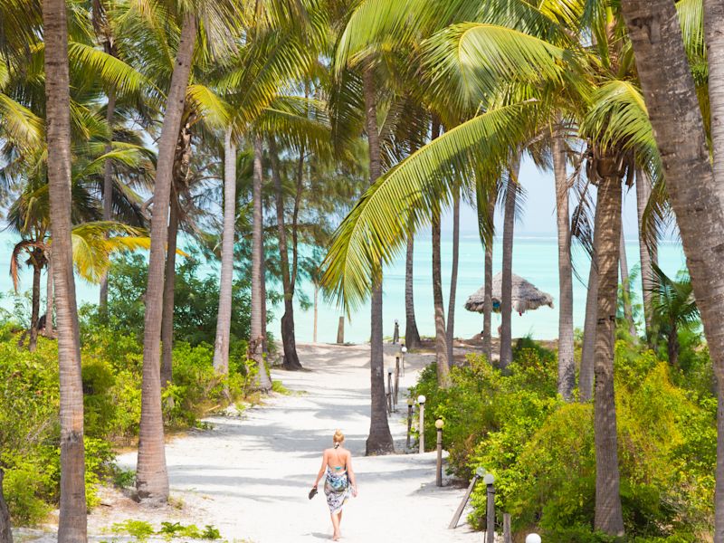 Woman walking along sandy path among palm trees in Zanzibar, Tanzania