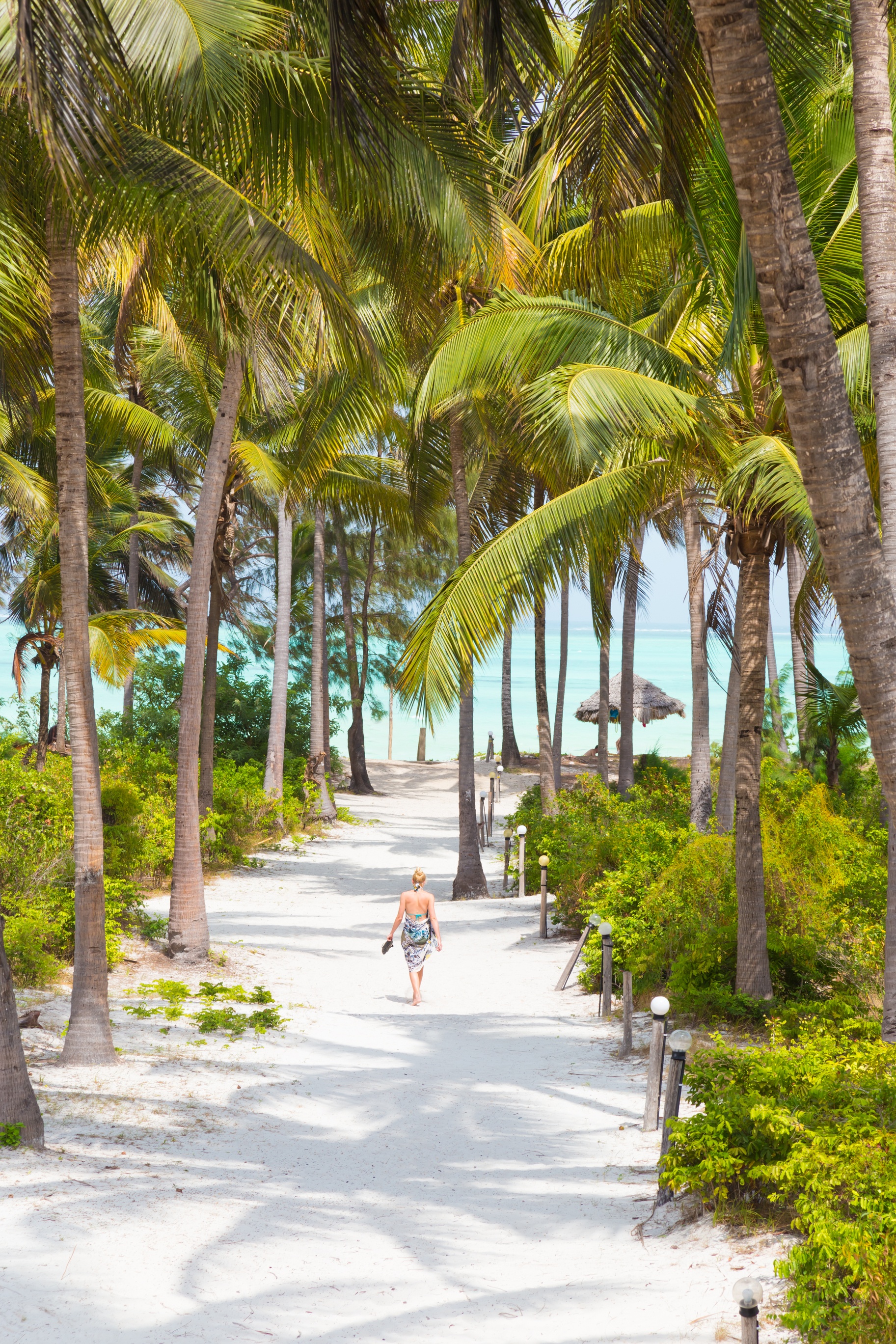 Woman walking along sandy path among palm trees in Zanzibar, Tanzania