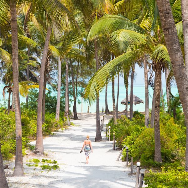 Woman walking along sandy path among palm trees in Zanzibar, Tanzania