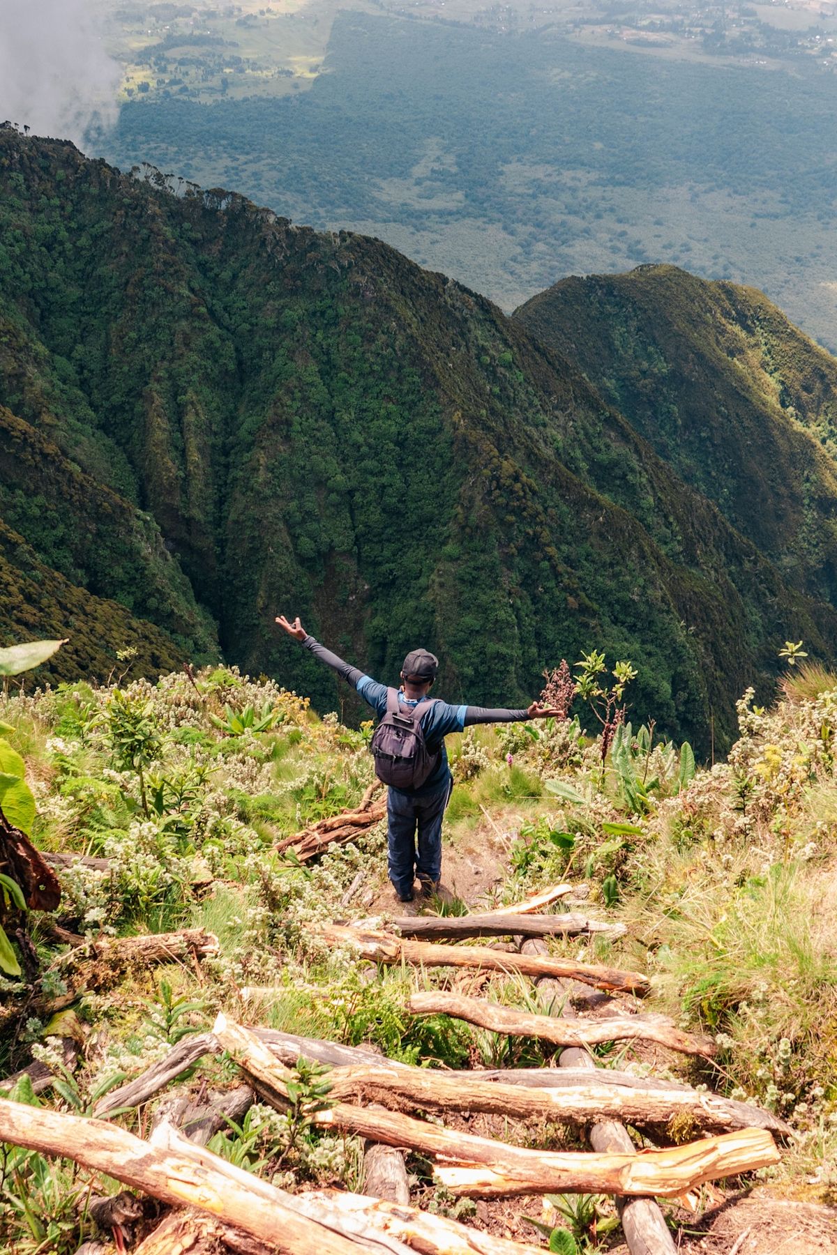 Rear view of a hiker on a wooden ladders at Mount Sabyinyo, Uganda