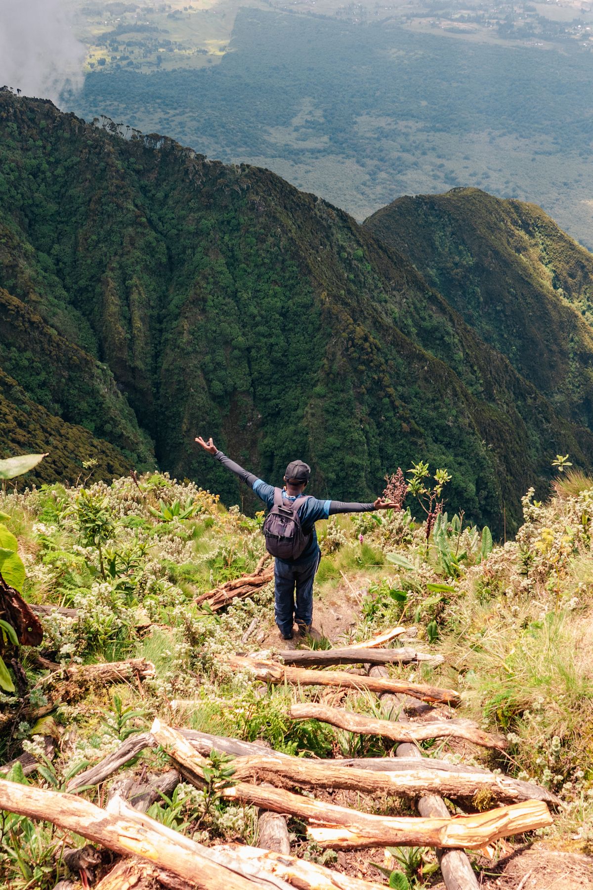 Rear view of a hiker on a wooden ladders at Mount Sabyinyo, Uganda
