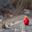 Seated woman in red jacket looking down over small village in barren uplands of Annapurna Mountains on the Annapurna Circuit, Nepal