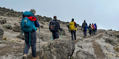 Trekkers climbing Mount Kilimanjaro