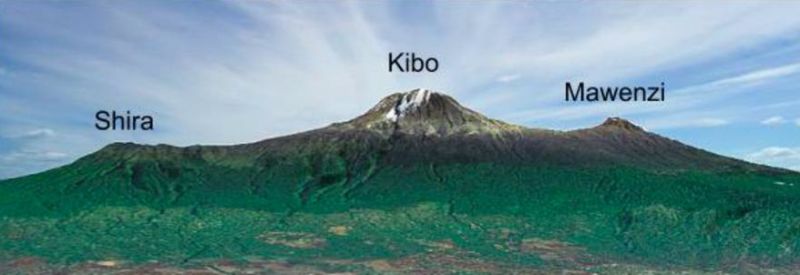 Kilimanjaro volcanic cones Kibo Shira and Mawenzi
