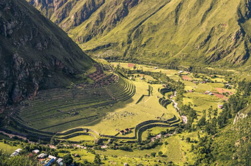 Aerial distant view of Llactapata ruins on Salkantay Trek to Machu Picchu archaeological site from the Inca civilisation in Peru 