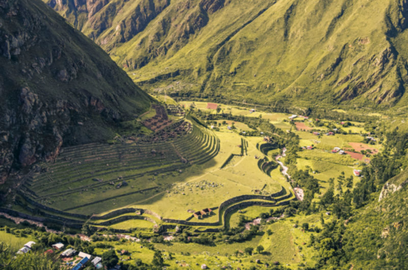 Aerial distant view of Llactapata ruins on Salkantay Trek to Machu Picchu archaeological site from the Inca civilisation in Peru