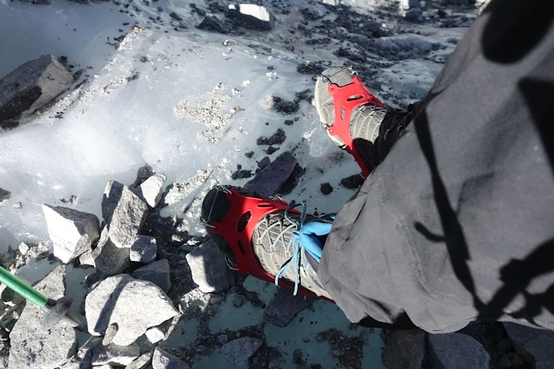 Crampons on hiking shoes on Cho La, Nepal