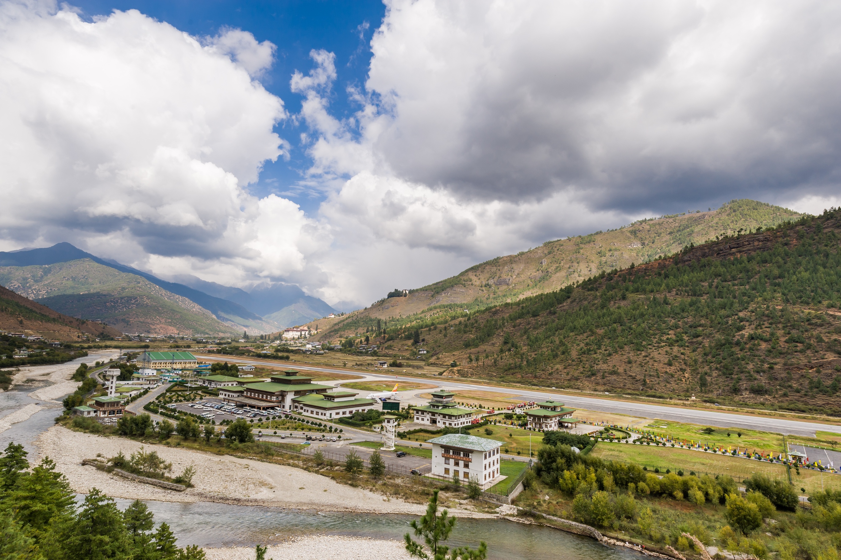 Aerial view of Paro Airport and river, Bhutan