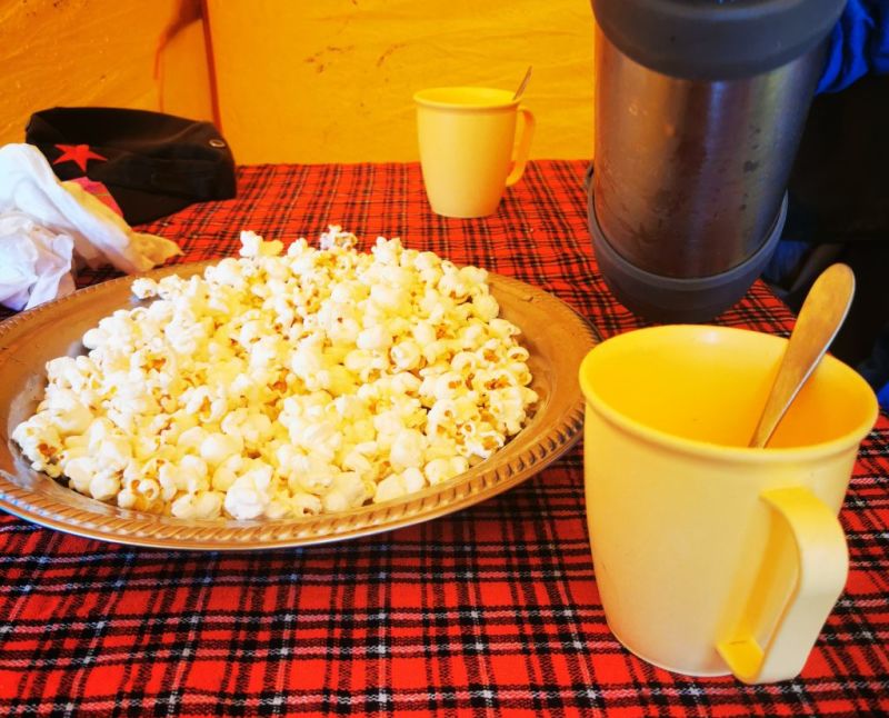 Popcorn and hot drinks in tent