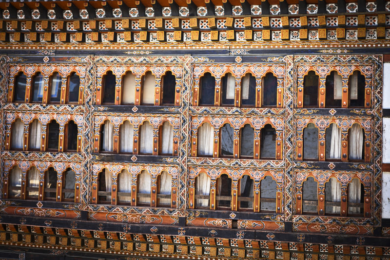 Windows of Lhuentse Dzong monastery in Eastern Bhutan