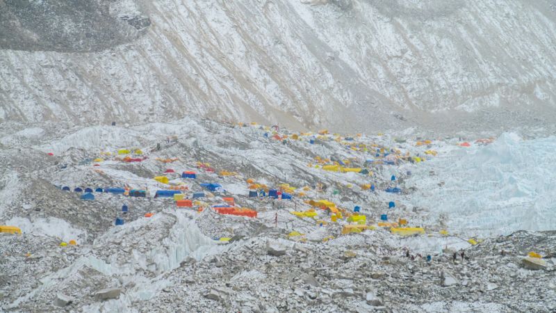 Khumbu glacier, Himalaya mountains, Nepal. Glacier landscape and views of Himalayas near Everest in Nepal. Nepali glacier and snow expedition trek in the high mountains. Everest base camp, EBC on Khumbu glacier Nepal