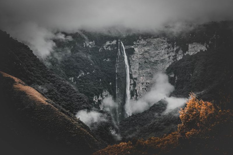 Gocta jungle, forest, mountains and waterfall in the misty Amazon of Peru